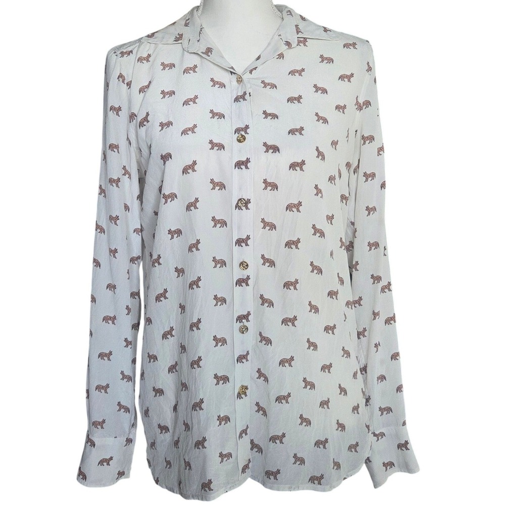 C. Wonder 100% Silk Fox Animal Print Button Down Shirt Small Grandmillennial VTG